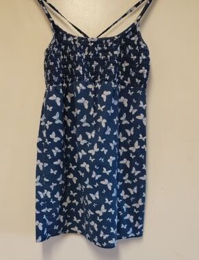 Navy Blue Butterfly Print Ruffled Dress
